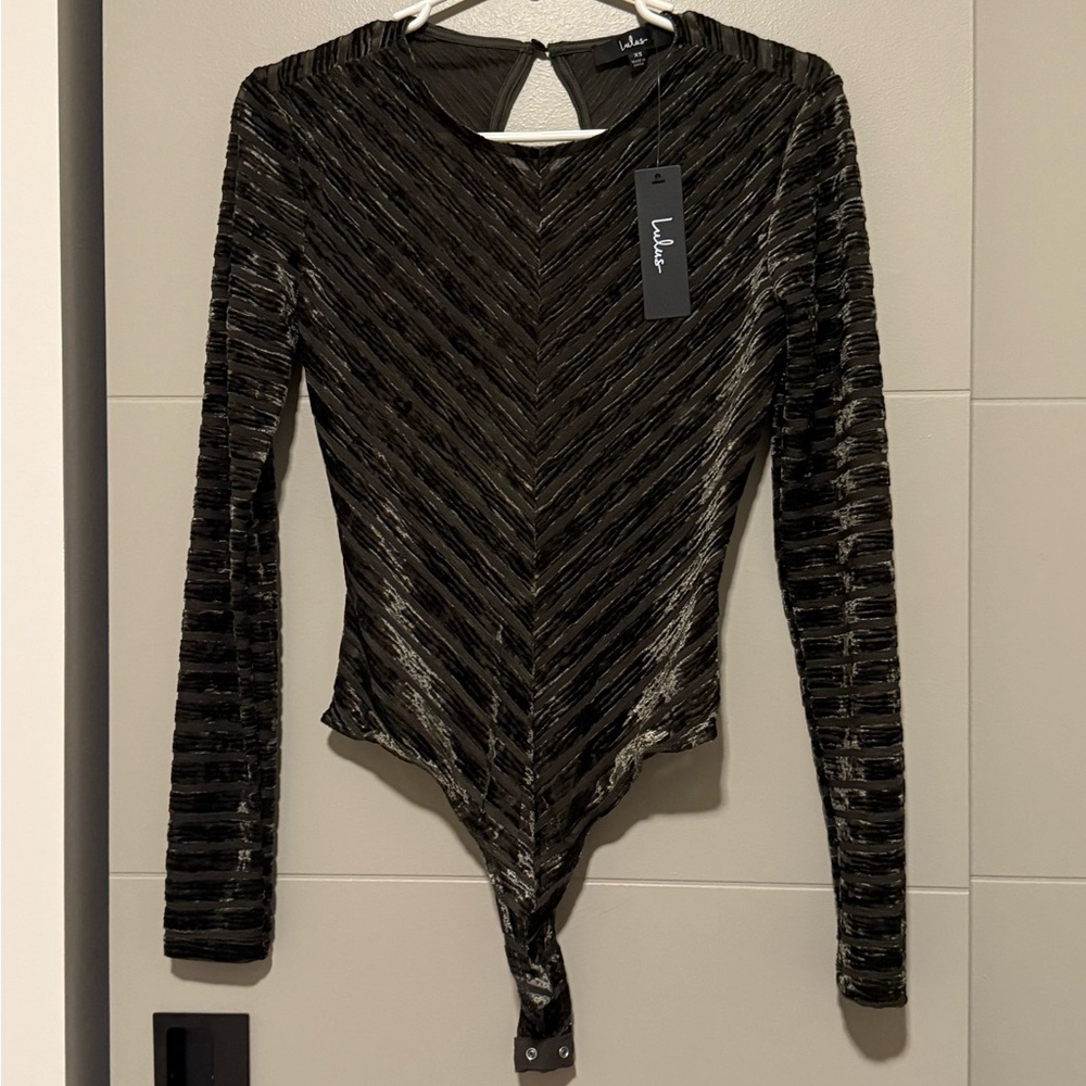 Save the Date Olive Green Velvet Striped Long Sleeve Bodysuit - Picture 3 of 6